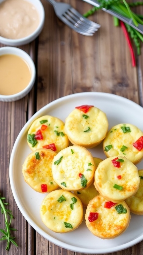 Cheesy Parmesan Egg Bites Recipe A plate of baked Parmesan egg bites with herbs, served with dipping sauce on a rustic table.
